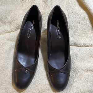 Dark brown heels, never worn.  3.25 inch heels.  Textured trim.